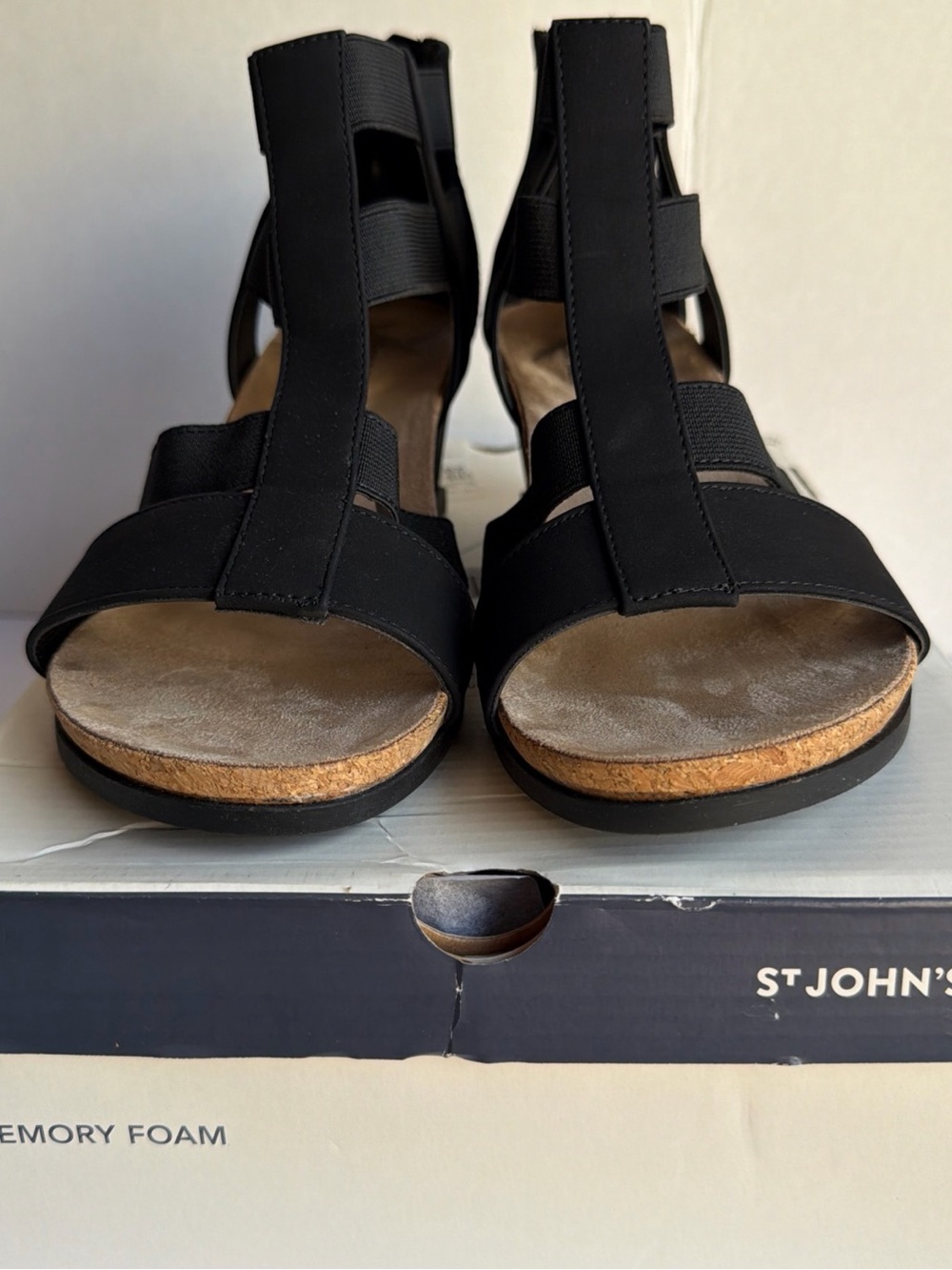 St. John Black Elastic T-Strap Cork Footbed Sandals